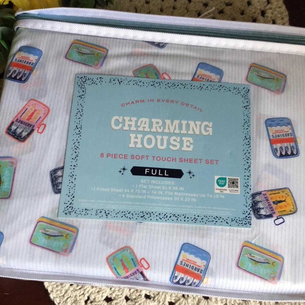 Charming House FULL Sheet Set - Sardine Tin Print - White & Pastel
